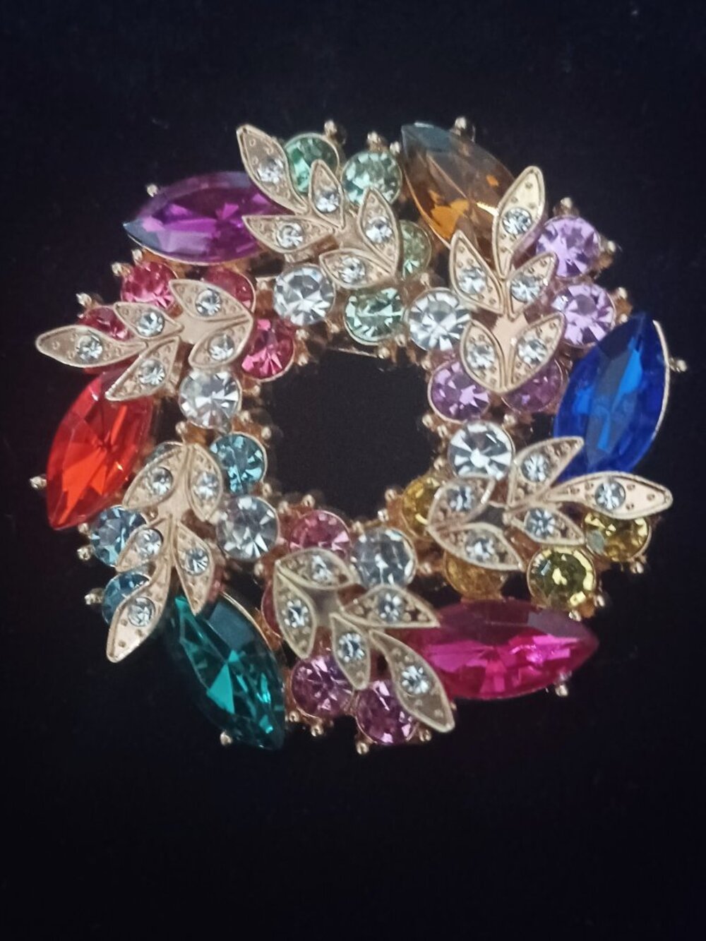 Beautiful Multicolor Rhinestone Floral Round Wreath Marquise Brooch Pin